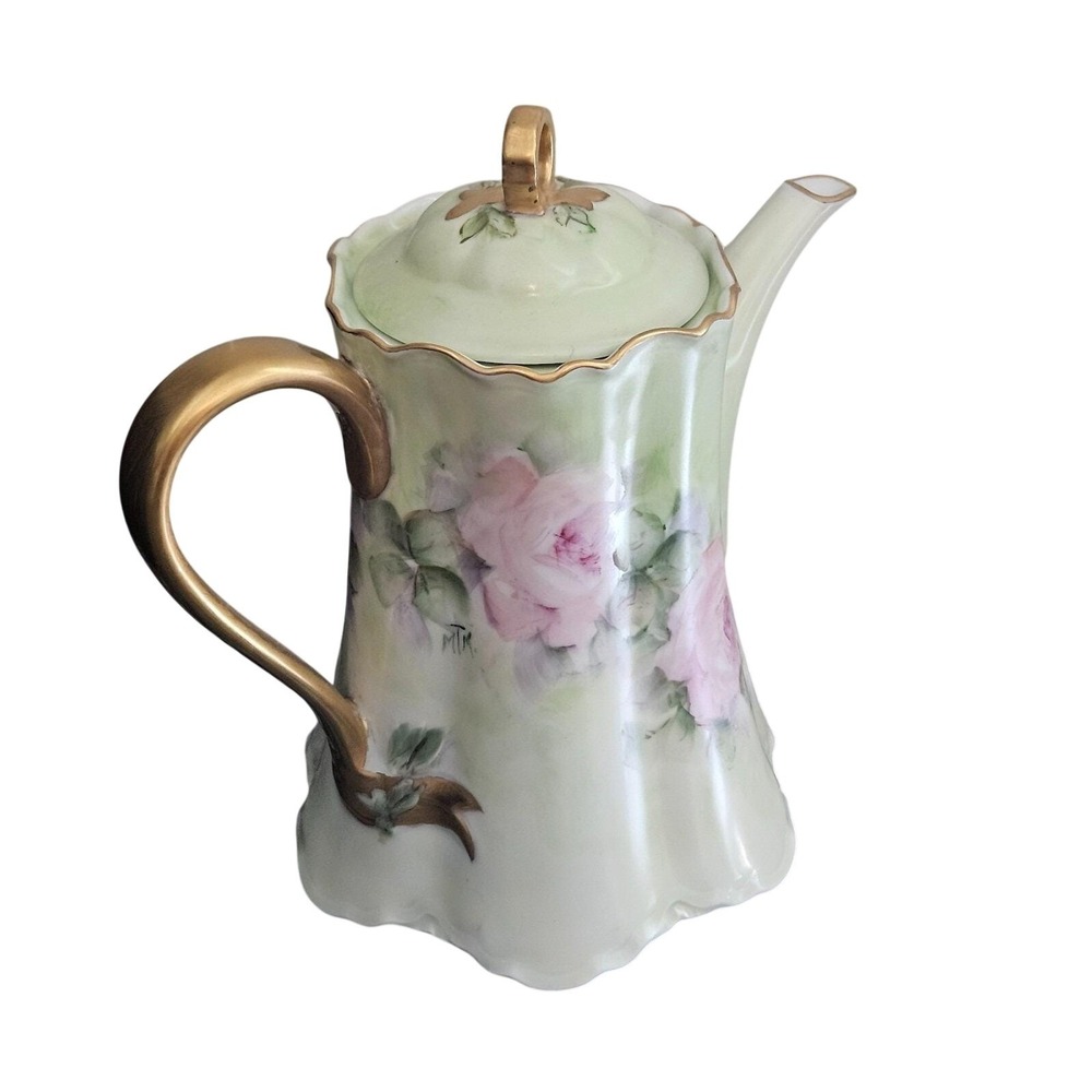 Hutschenreuther Selb Bavaria Chocolate Pot Hand Painted Pink Roses Gold Gilt 8in